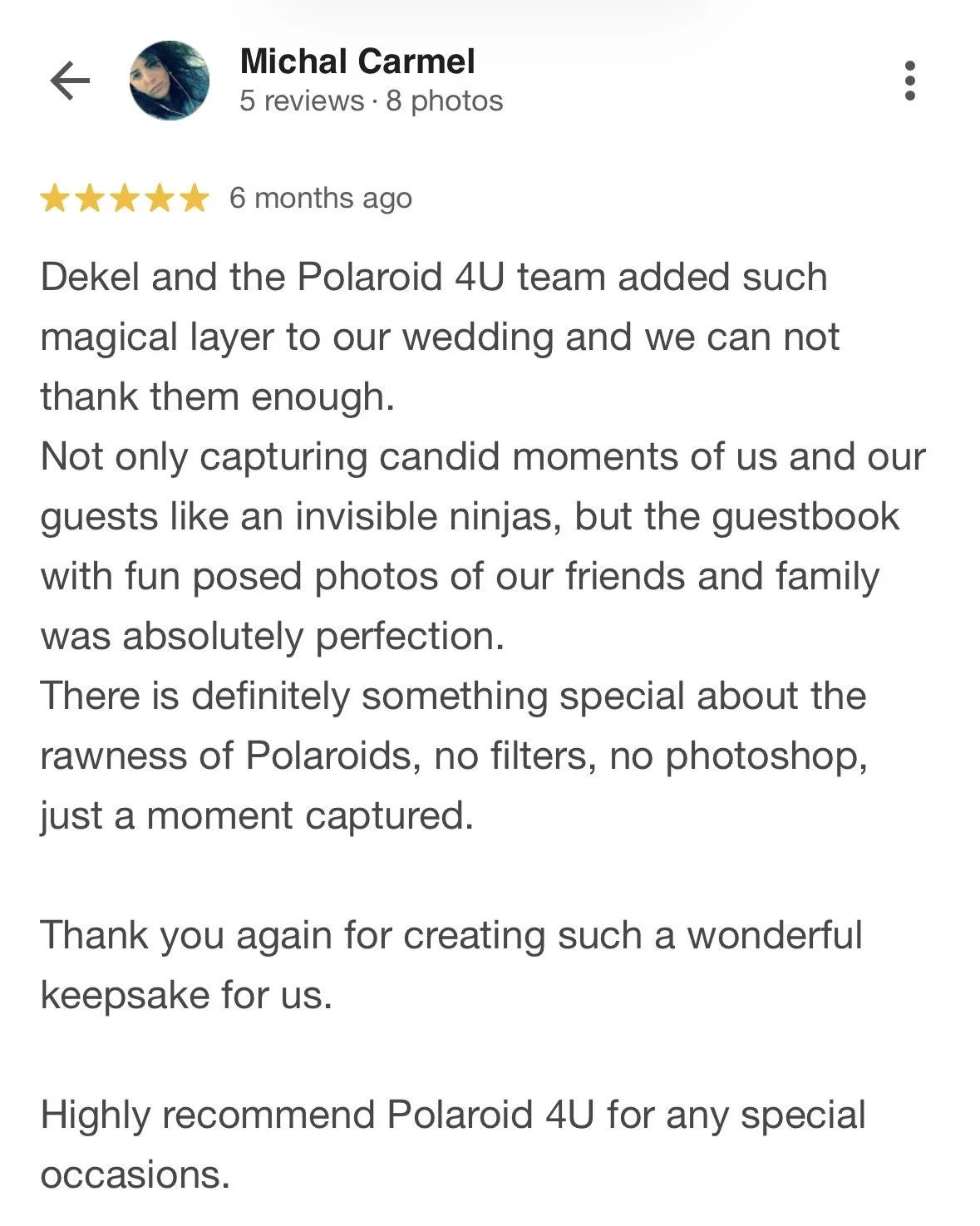 Screenshot of a review by Michal Carmel praising Polaroid 4U team for their wedding service and guestbook, with a 5-star rating.