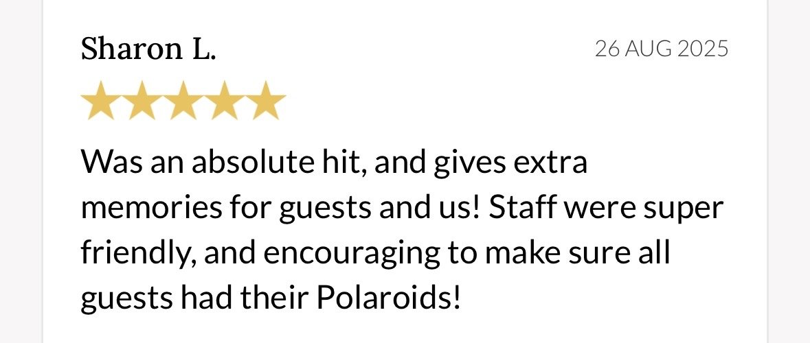 Customer review with 5-star rating, dated August 26, 2025, praising staff and guest experience, mentioning guests taking Polaroid photos.