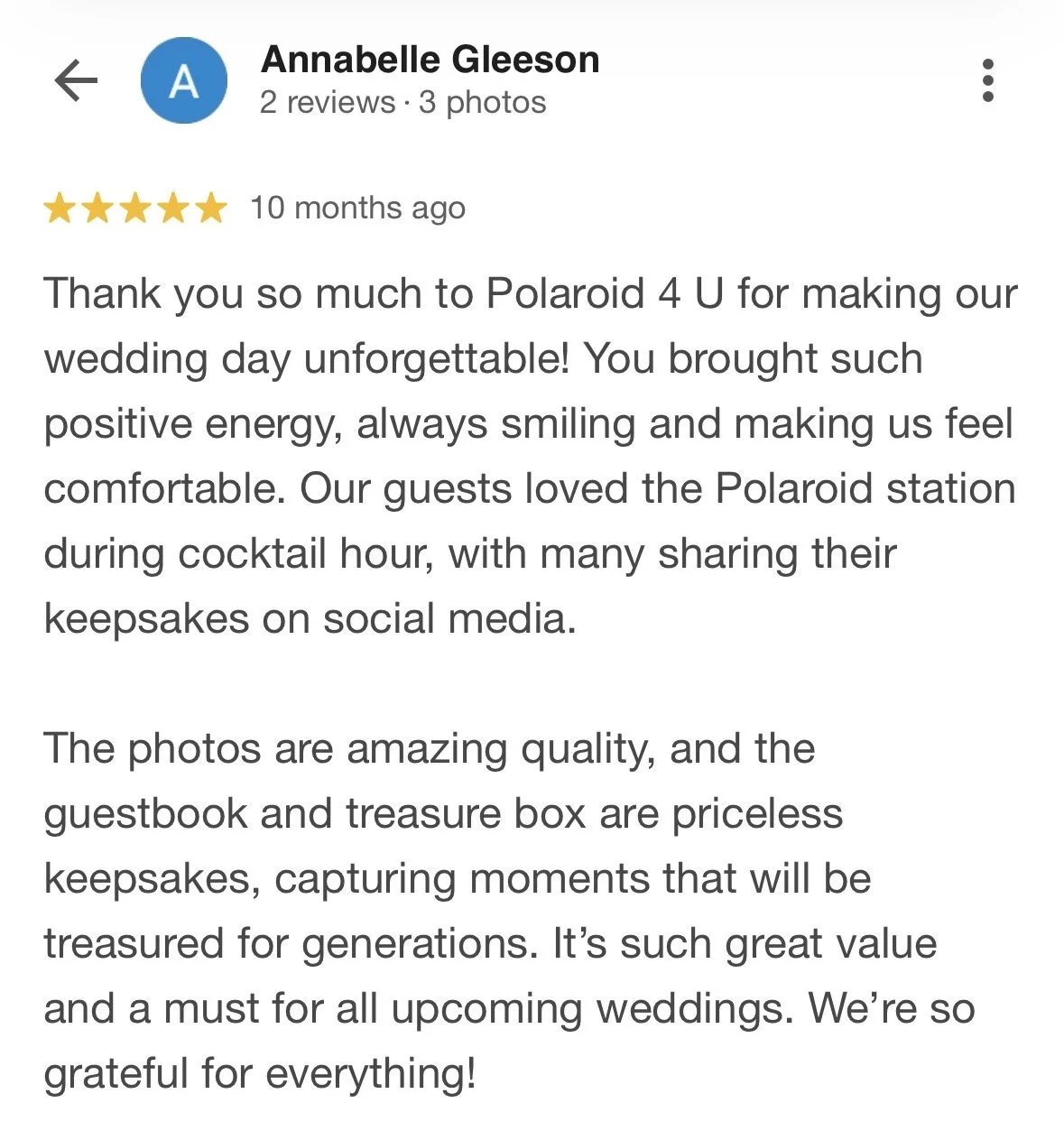 Review of a wedding photography service praising Polaroid 4 U for making the wedding unforgettable, highlighting the positive energy, smiling staff, and quality photos, guestbook, and keepsakes.