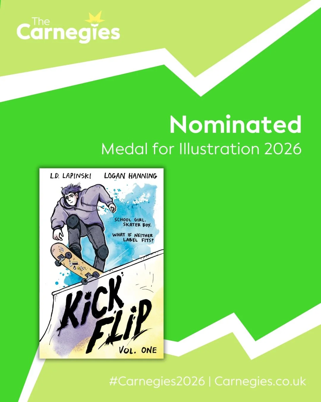 KICK FLIP GOT NOMINATED FOR THE CARNEGIES!!! Big congrats to @ldlapinski for writing such a gem, and every librarian helping Kick Flip find its people 💛🤍💜🖤 Love to the whole team making it happen @hachettechildrens and @teambkmrk, @dom.kingston, 