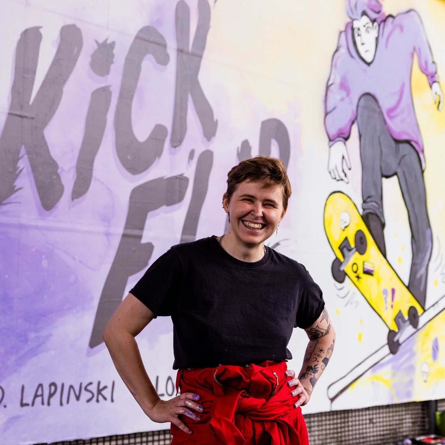 KICKFLIP BILLBOARD BAYBEEEE🔥🔥eternal thanks to @myattjonny for the RADDEST photography ever, the @hachettechildrens team for setting this up, and the build Hollywood team. Painting non-binary characters so huge they require AN ACTUAL LADDER is a dr