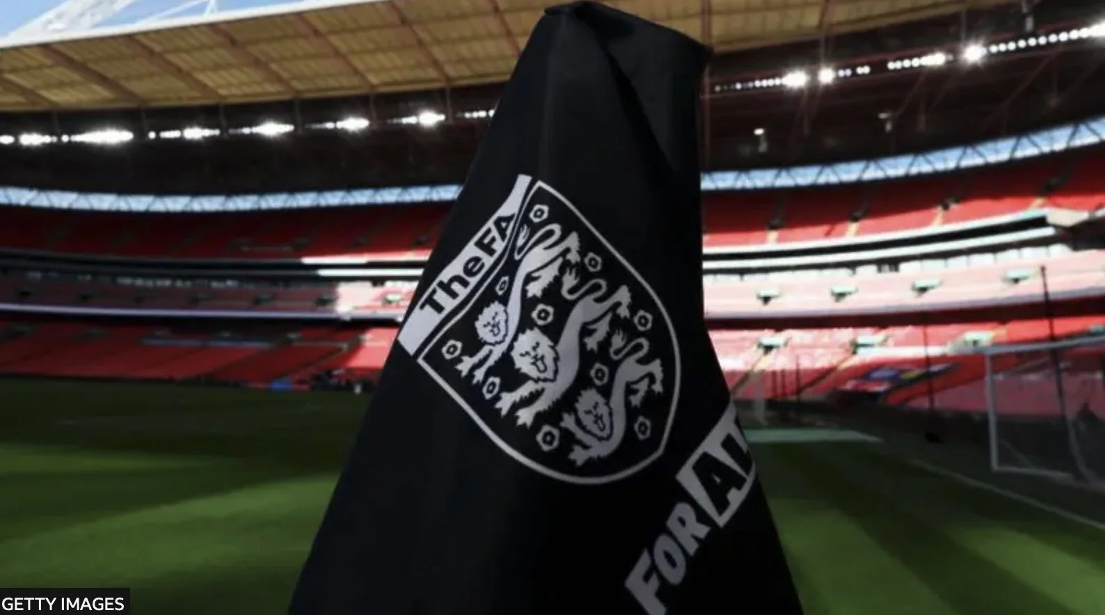 Black corner flag with FA logo in Wembley Stadium