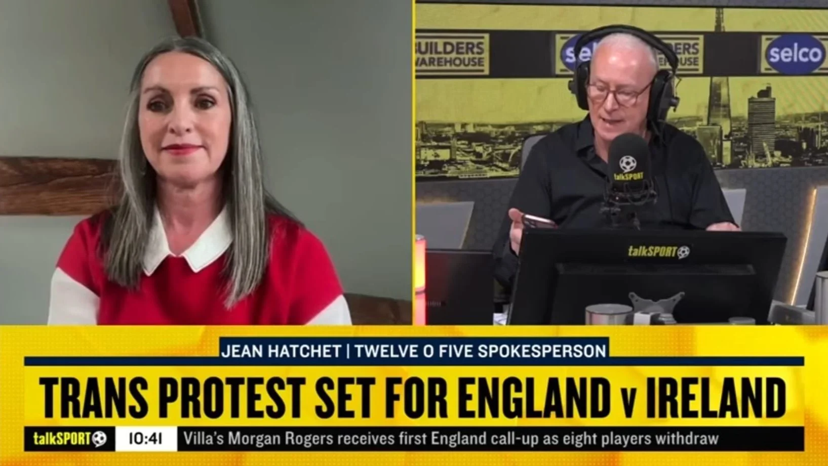 Split-screen video call with a woman in a red top on the left and a talkSPORT host on the right. The text at the bottom reads "Trans protest set for England v Ireland."