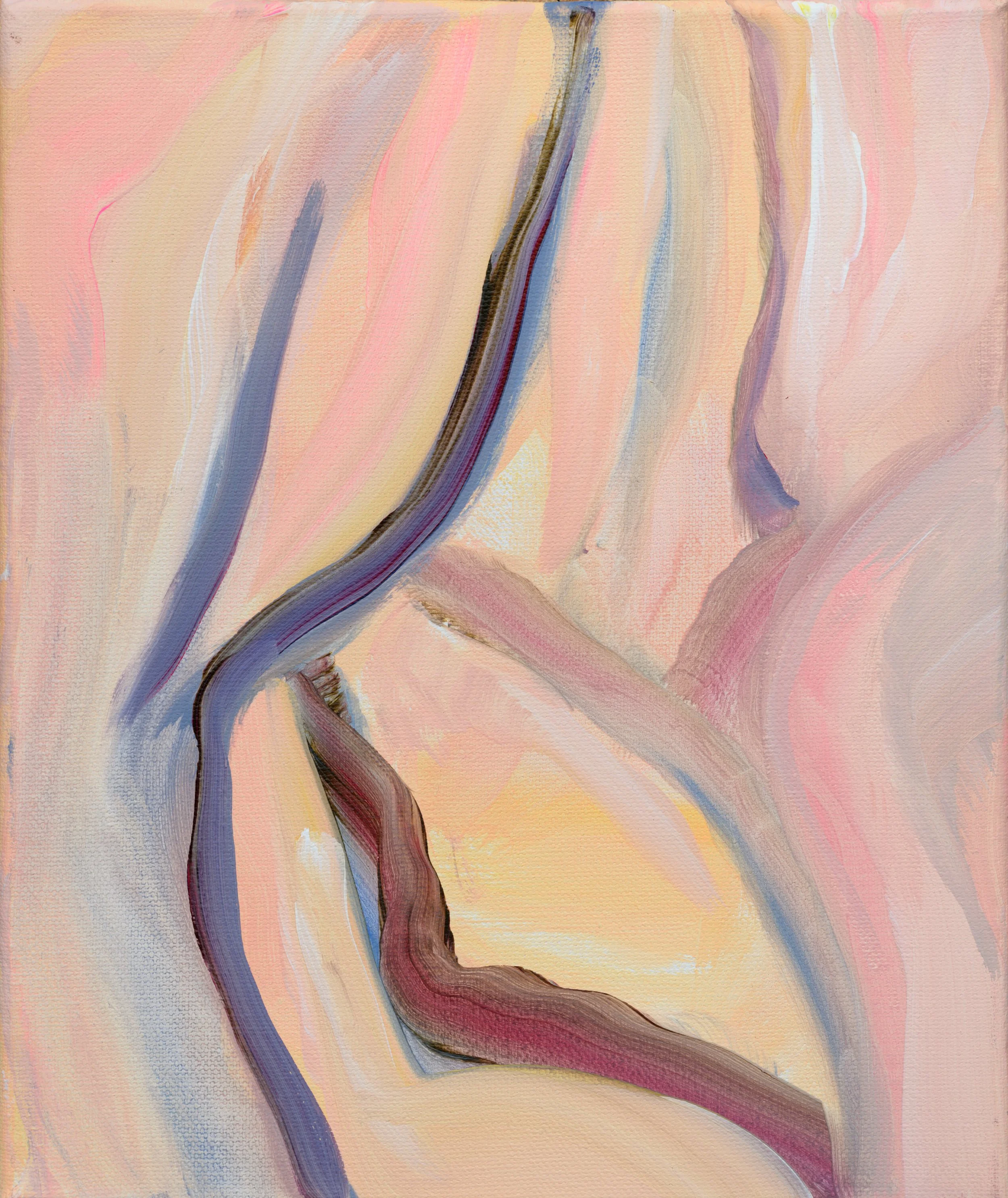 Abstract acrylic painting “Shapes II” by Renata Koleckarova, 30 × 25 cm, expressing fascination with floral architecture.
