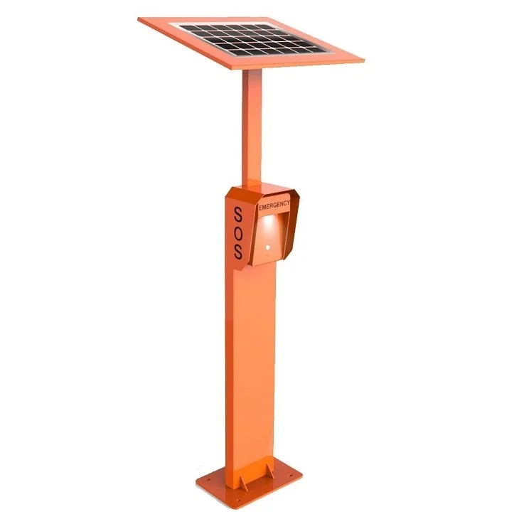 Vandal proof, watertight Solar-powered emergency SOS station with a solar panel on top and an emergency communication device on a tall orange pole.