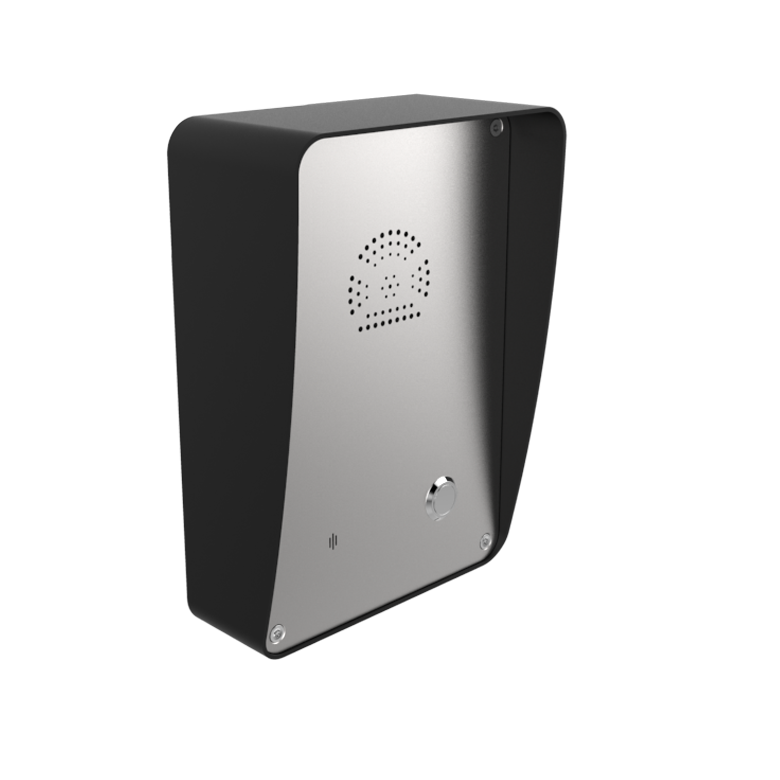A modern robust, weatherproof intercom, with a metallic front panel, a circular call button, and a black casing, likely used for security or entry purposes.