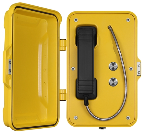 Yellow emergency push to call (2 button) telephone with a black handset and a flexible silver cord inside an open yellow case.