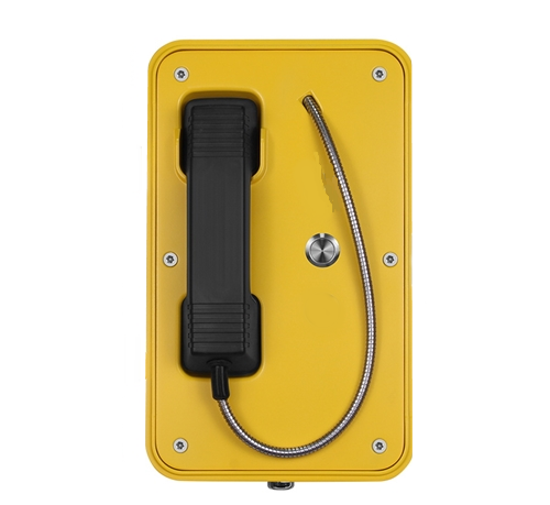 Yellow emergency push to call communication device with a black handset, a metal cord, and a button.
