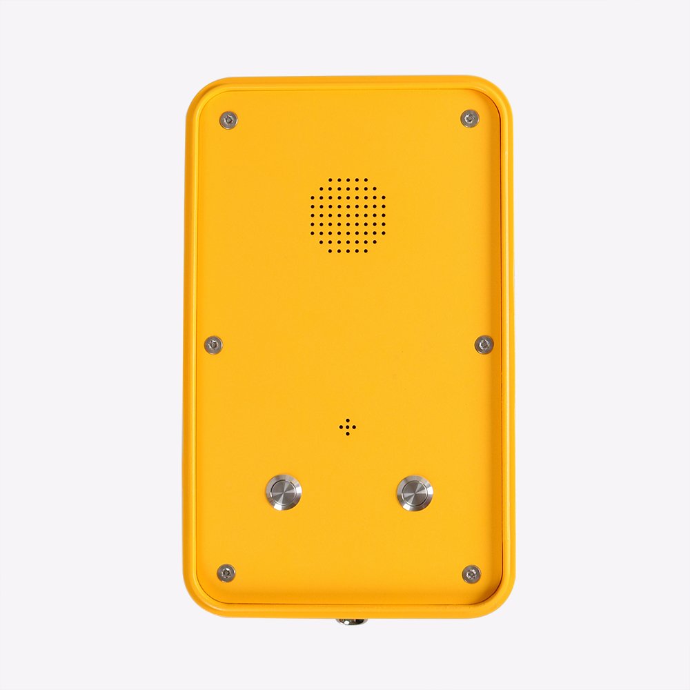 Yellow watertight push to call intercom with a speaker grille, with 2 call buttons