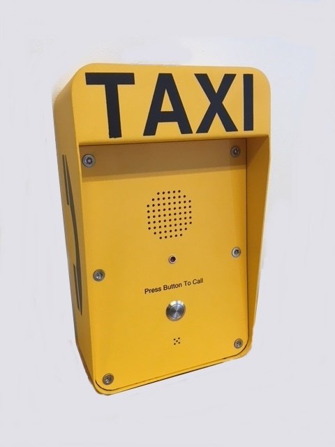 Yellow taxi call box with a speaker and button, labeled 'TAXI' at the top.