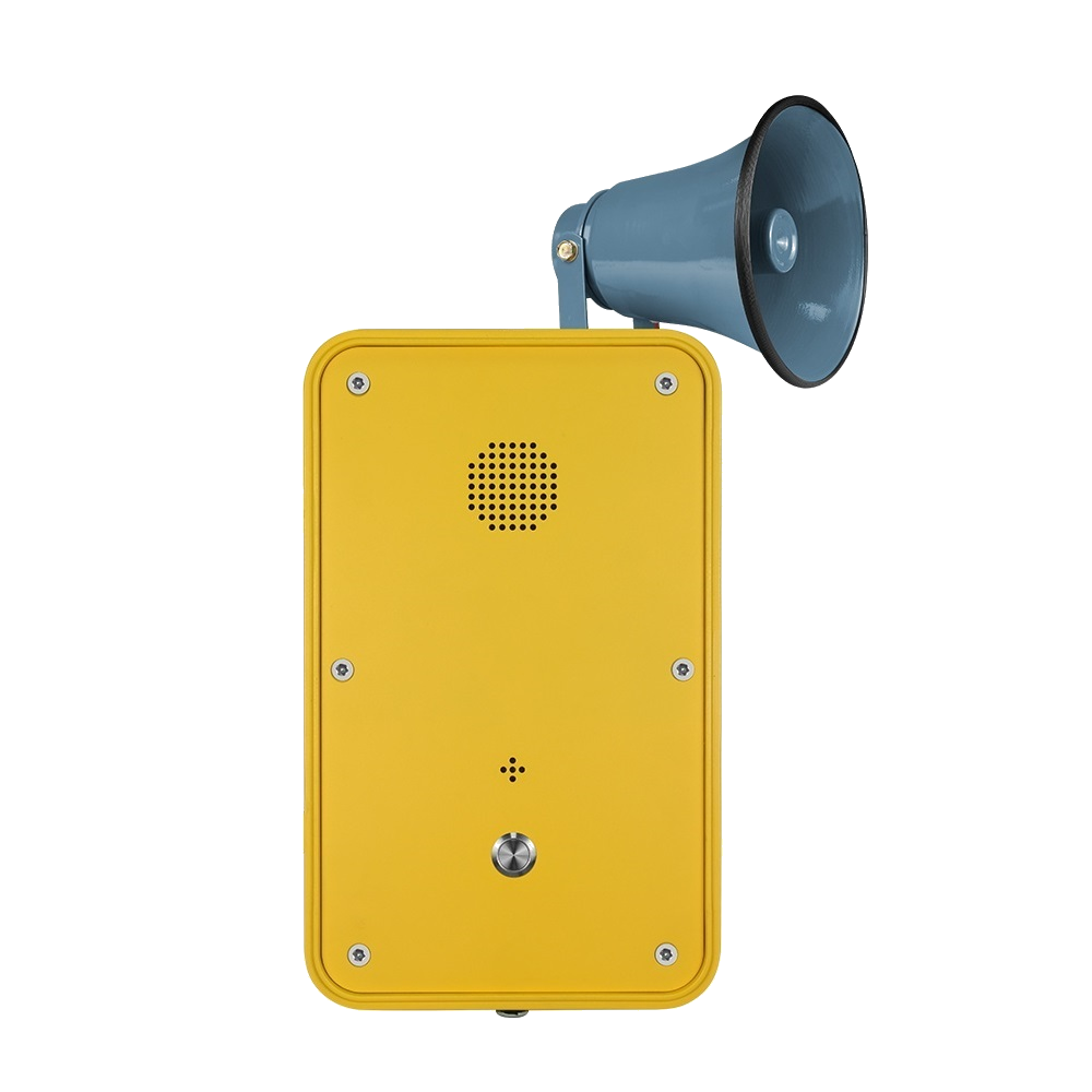 A yellow Robust, weatherproof emergency push to call phone with a blue megaphone speaker