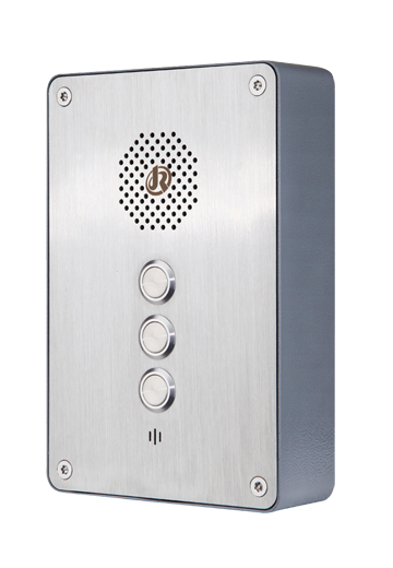 Front view of a metal outdoor intercom with a speaker grille, three circular buttons, and a small microphone hole.