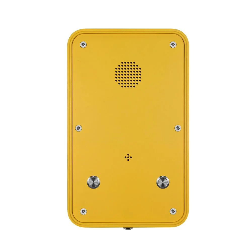 Yellow emergency push to call phone with speaker grille at the top and two buttons at the bottom.