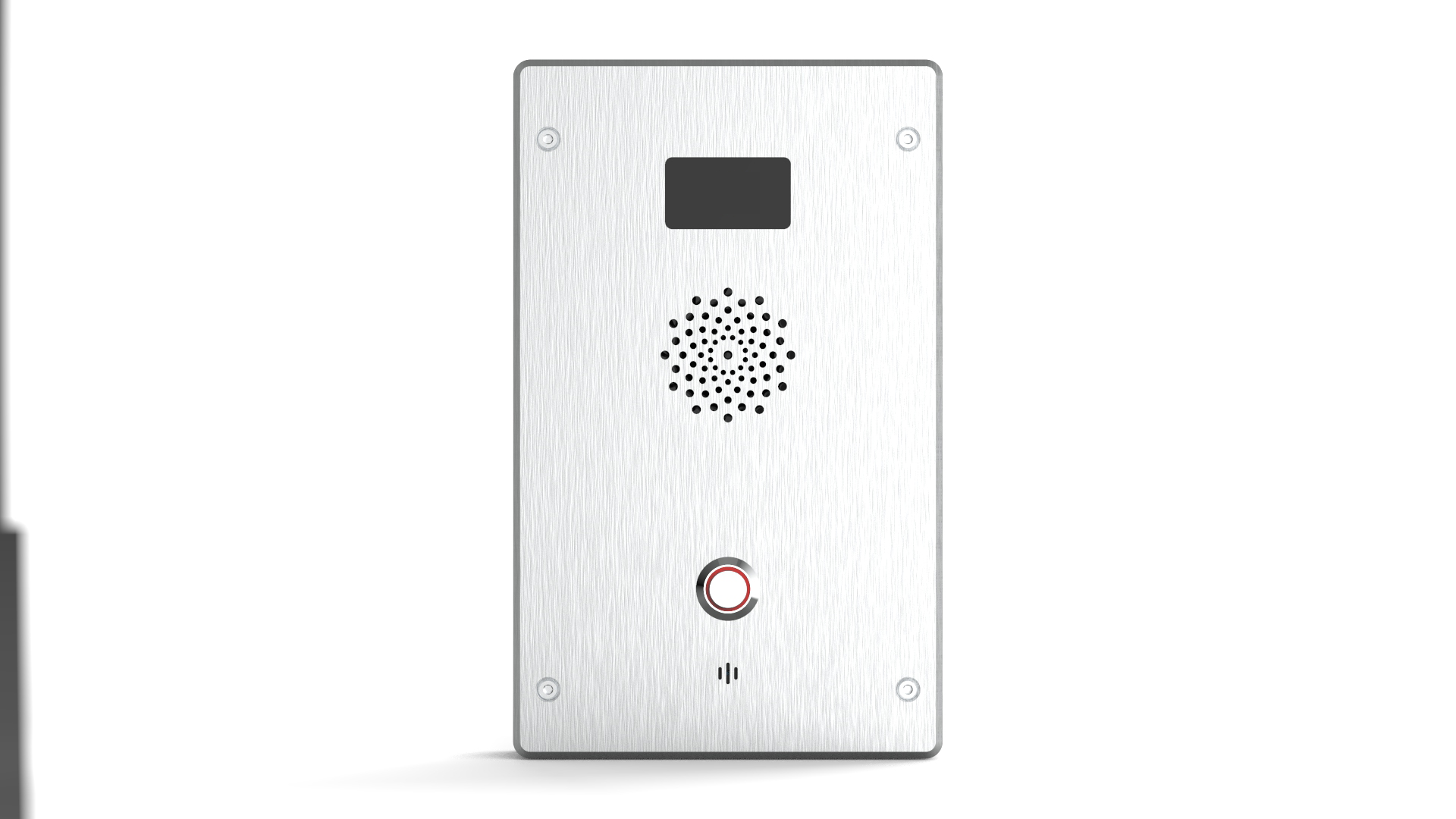 Silver intercom with a black camera, a speaker grille, and a circular button with a red outline.