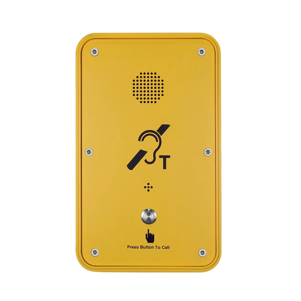 Yellow emergency call button with speaker, Braille, and icons for hearing impairment, designed for emergency assistance.