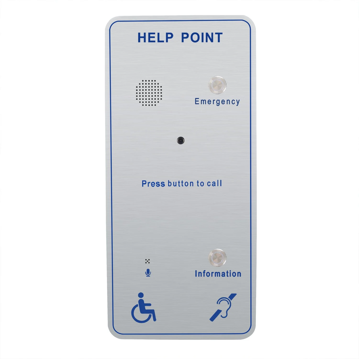 Silver help point panel with blue text, including an emergency button, speaker, camera, and icons for wheelchair accessibility and hearing aid compatibility.