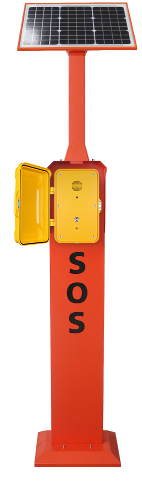 A red emergency SOS station with a solar panel on top, a yellow emergency phone inside an open yellow case, and the letters 'SOS' on the front of the station. Suitable for travel & transport