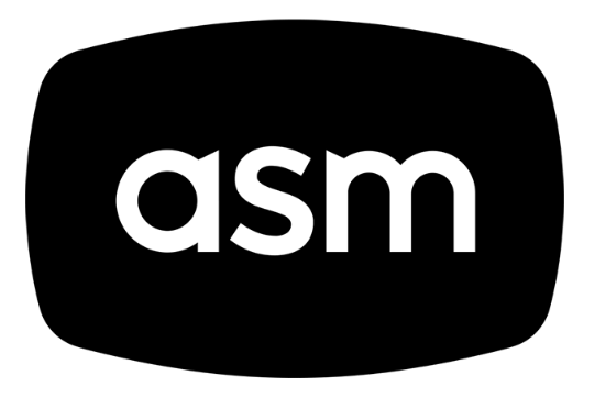Black TV screen with white lowercase letters spelling 'asm' in the center.