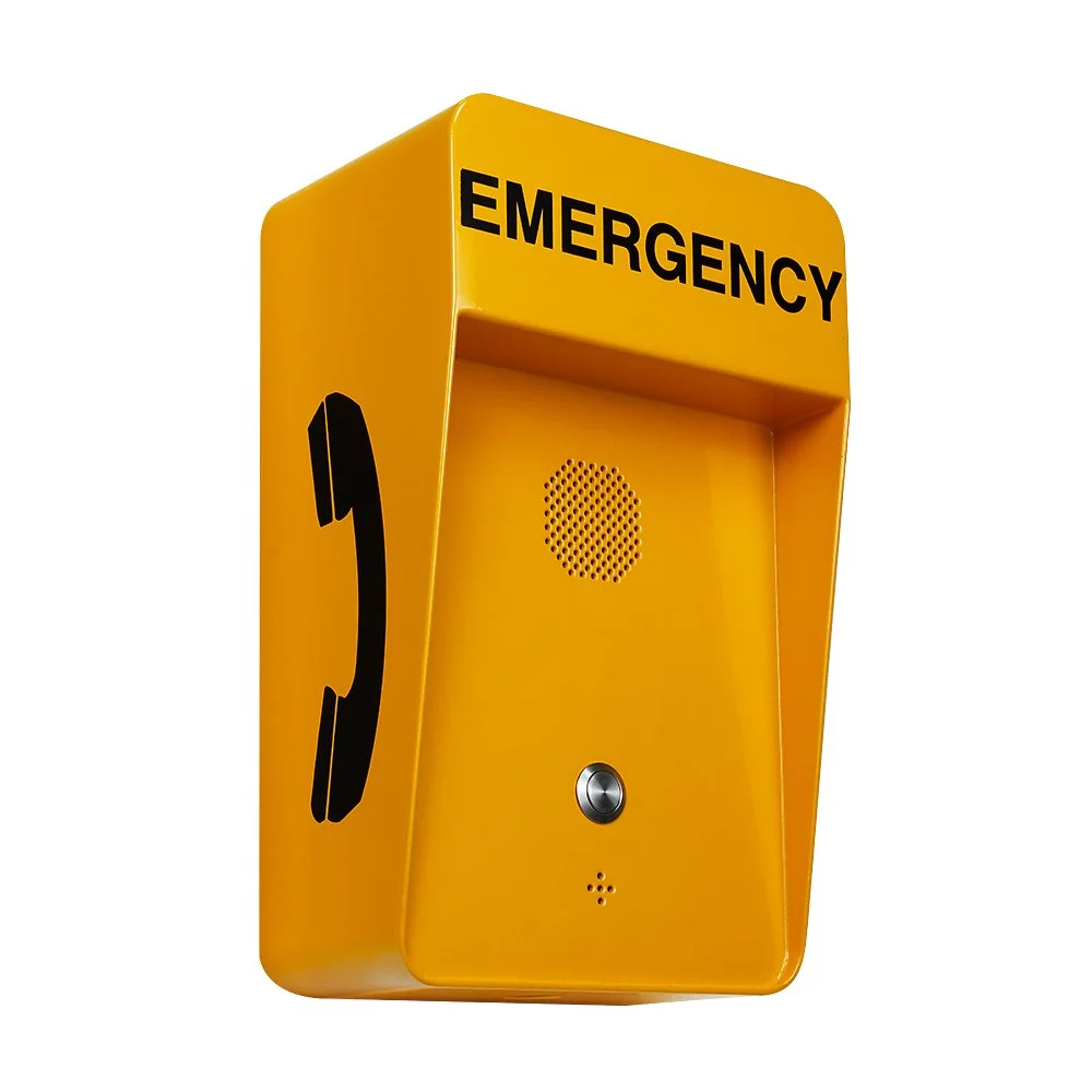 Yellow emergency push to call  with black lettering and phone icon. Wall mounted.