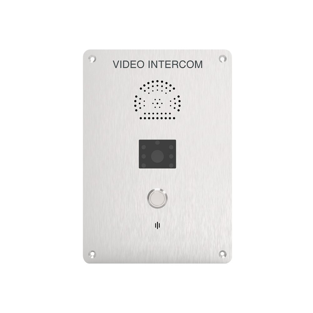 A robust, vandal proof video intercom with a speaker grille, a camera lens, a call button, and an indicator light