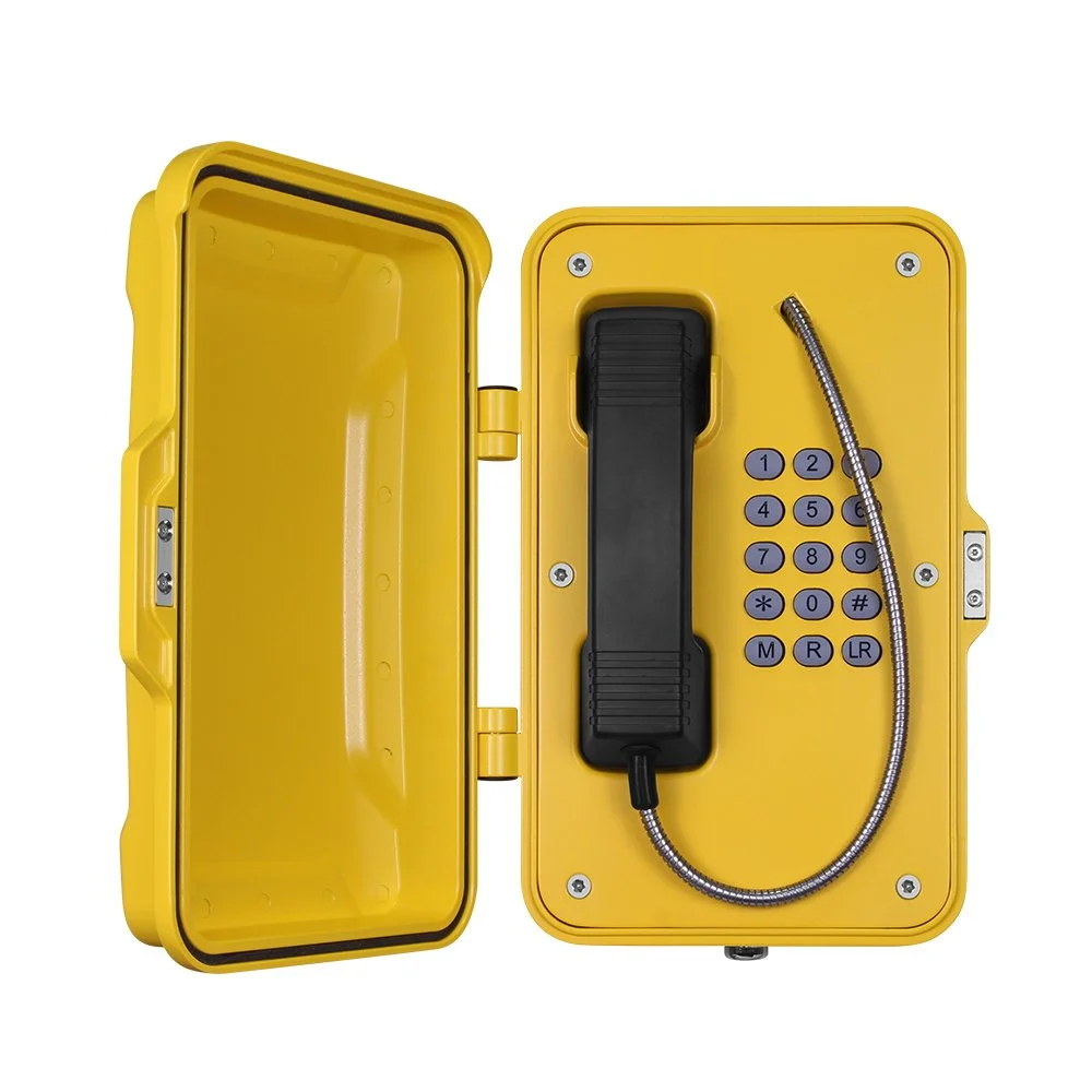 A yellow industrial emergency telephone with a black handset and a full keypad & door. Robust, vandal proof, steel armoured cord.