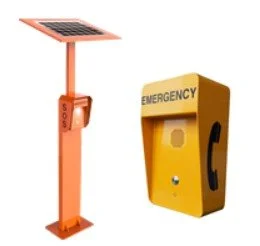 Solar-powered emergency call station with a yellow emergency phone box and solar panel