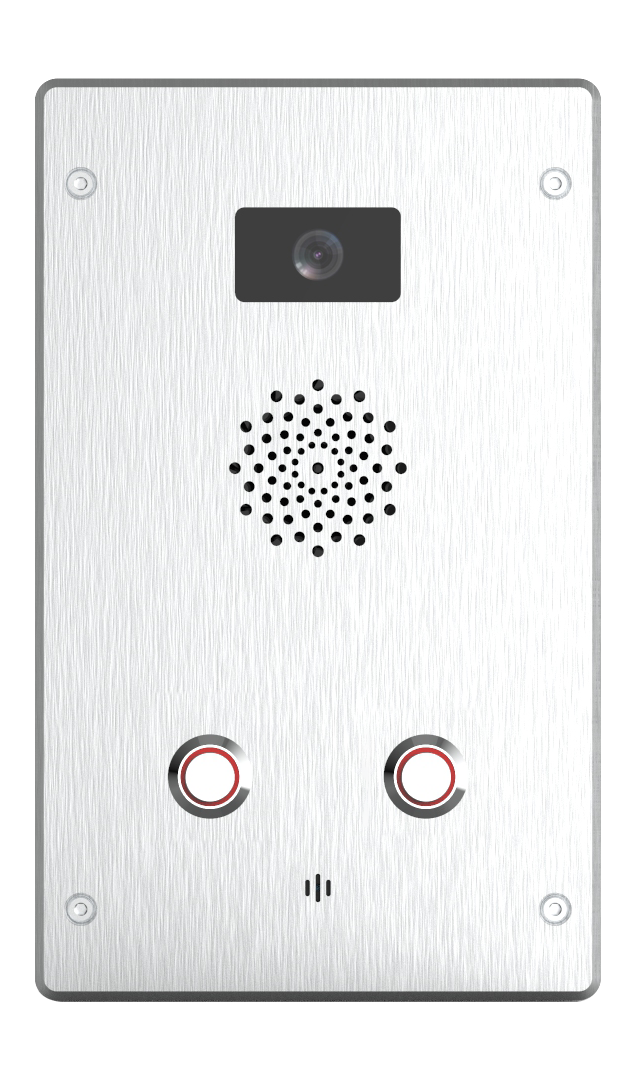 Silver intercom panel with a camera at the top, speaker grille in the middle, and two buttons at the bottom.