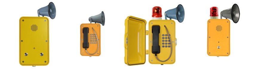 Four different emergency response devices with yellow cases, each equipped with a loudspeaker and a red flashing light, arranged side by side. Broadcasting phones