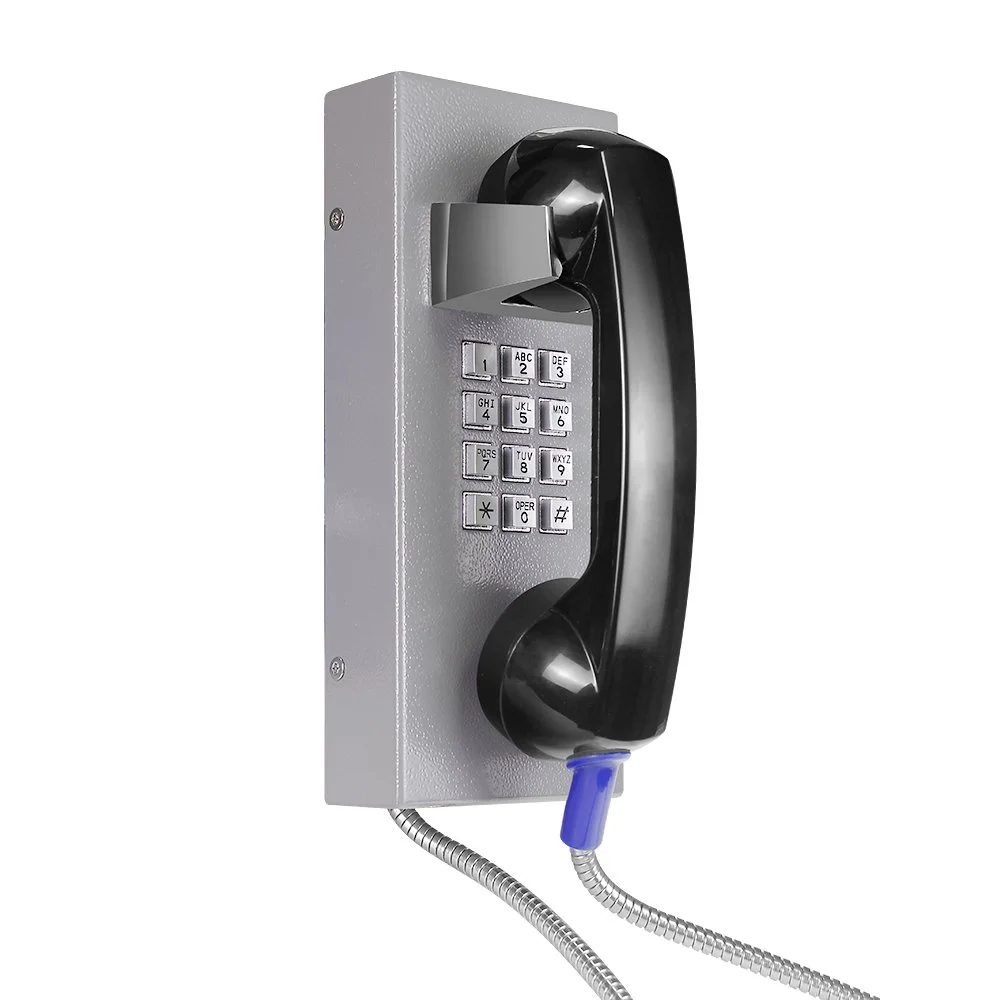 A wall-mounted robust emergency phone with a black handset, full keypad, and coiled cord