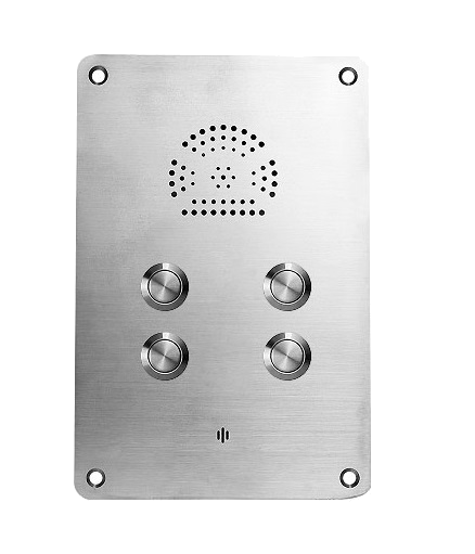 Metal door entry panel with four round buttons and a speaker grille at the top