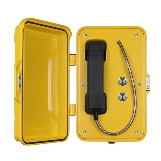 Yellow emergency telephone with handset, 2 call buttons, and metal cord inside a matching yellow waterproof enclosure.