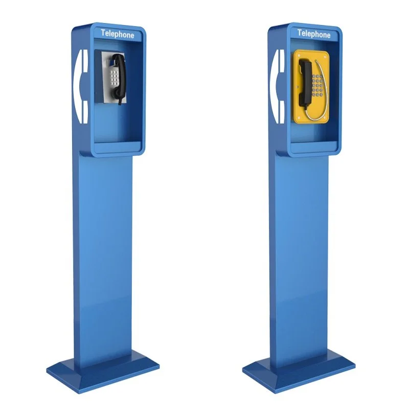 Blue Industrial, weatherproof emergency telephone kiosks, each with a telephone inside, one with a black phone and the other with a yellow phone.Choice of phones or intercoms