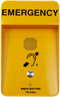Yellow emergency call box with speaker, question mark button, and press button to call label