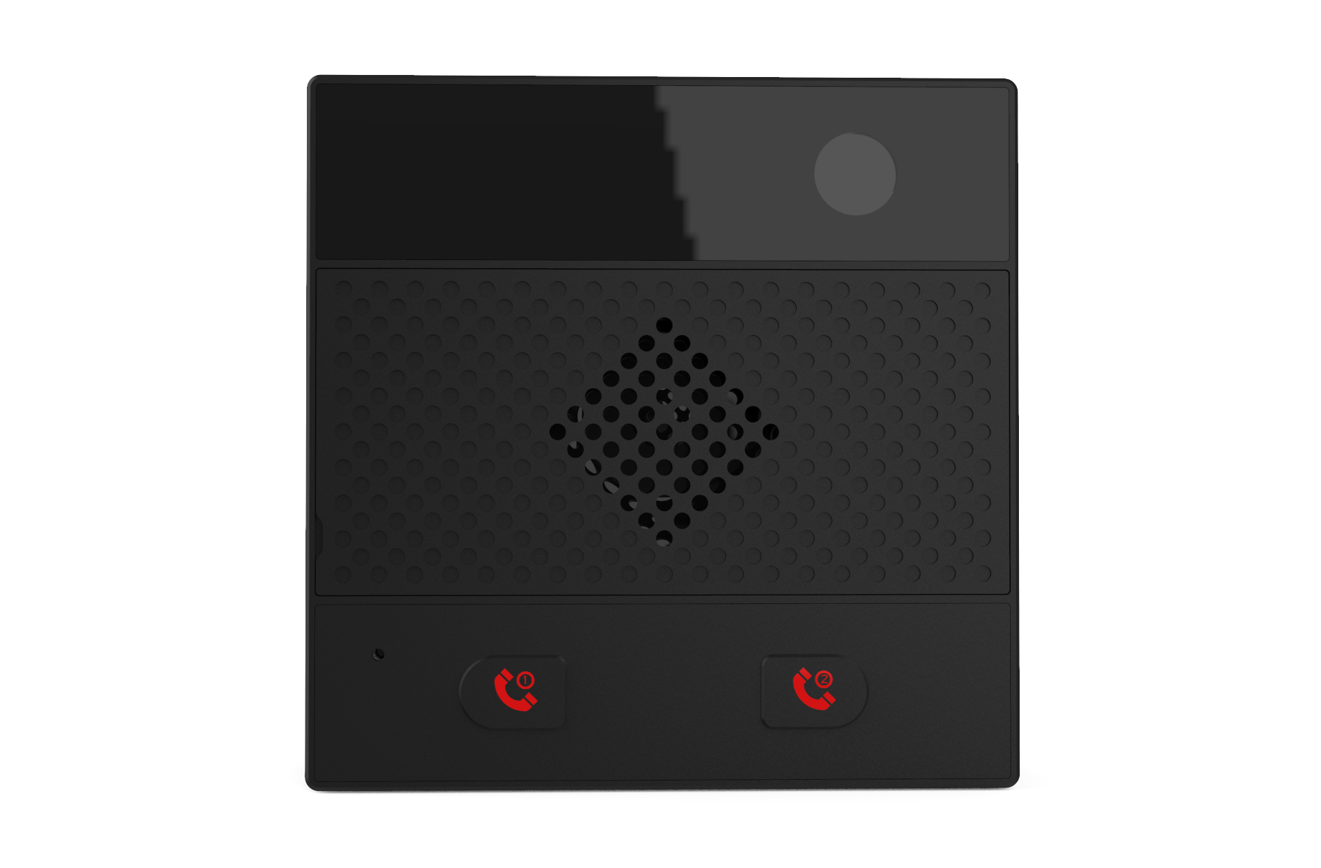 A black intercom device with a camera, speaker grille, and 2 red alarm buttons.