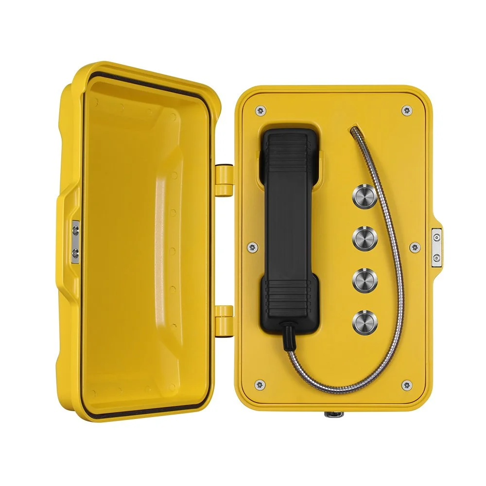 Yellow watertight emergency telephone with a black handset and four metal call buttons, with door. IP66 rated, robust, vandal resistant