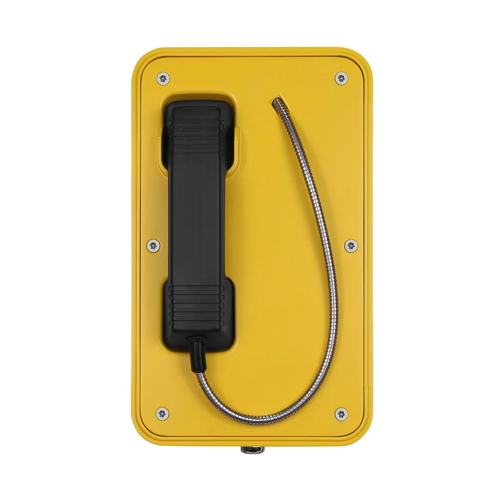 Yellow emergency lift to call phone with black handset and coiled cord, suitable for factories