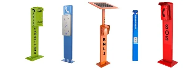 A row of five different public emergency call boxes and stations, each with distinct colors and functions, including SOS emergency stations.