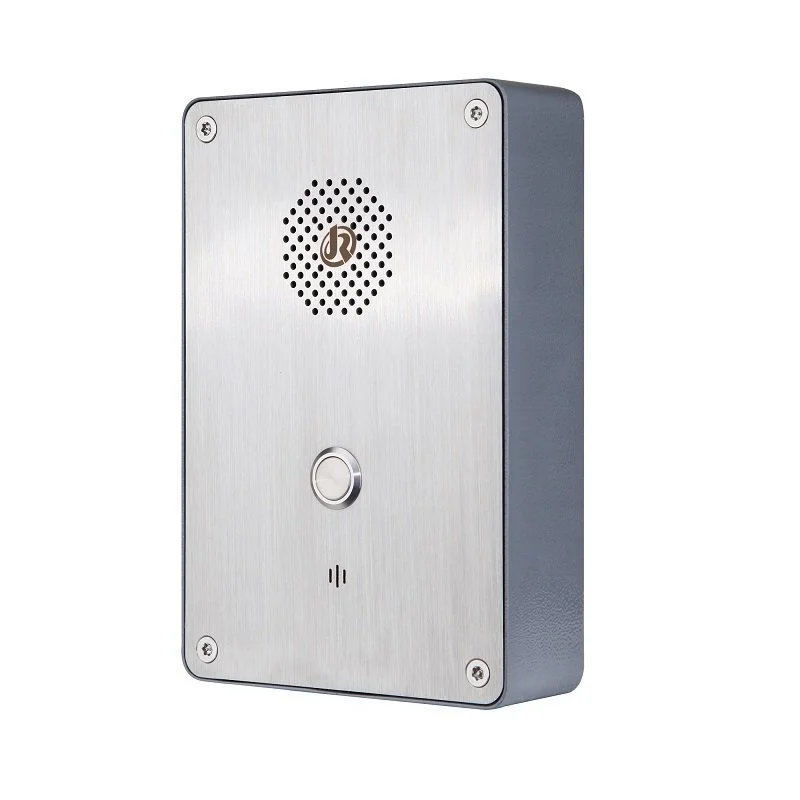 A modern outdoor intercom with a metal front panel, a speaker, a large round button, and a small microphone grille.
