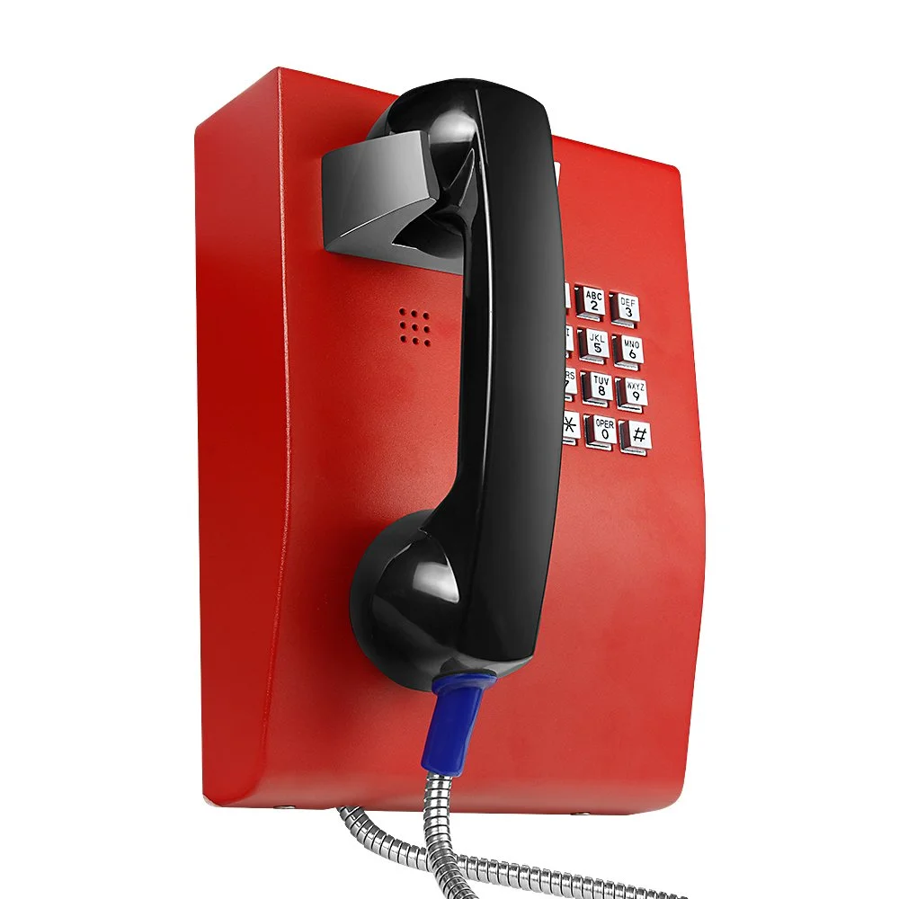 Red vandal-proof, industrial telephone with black handset, full keyopad