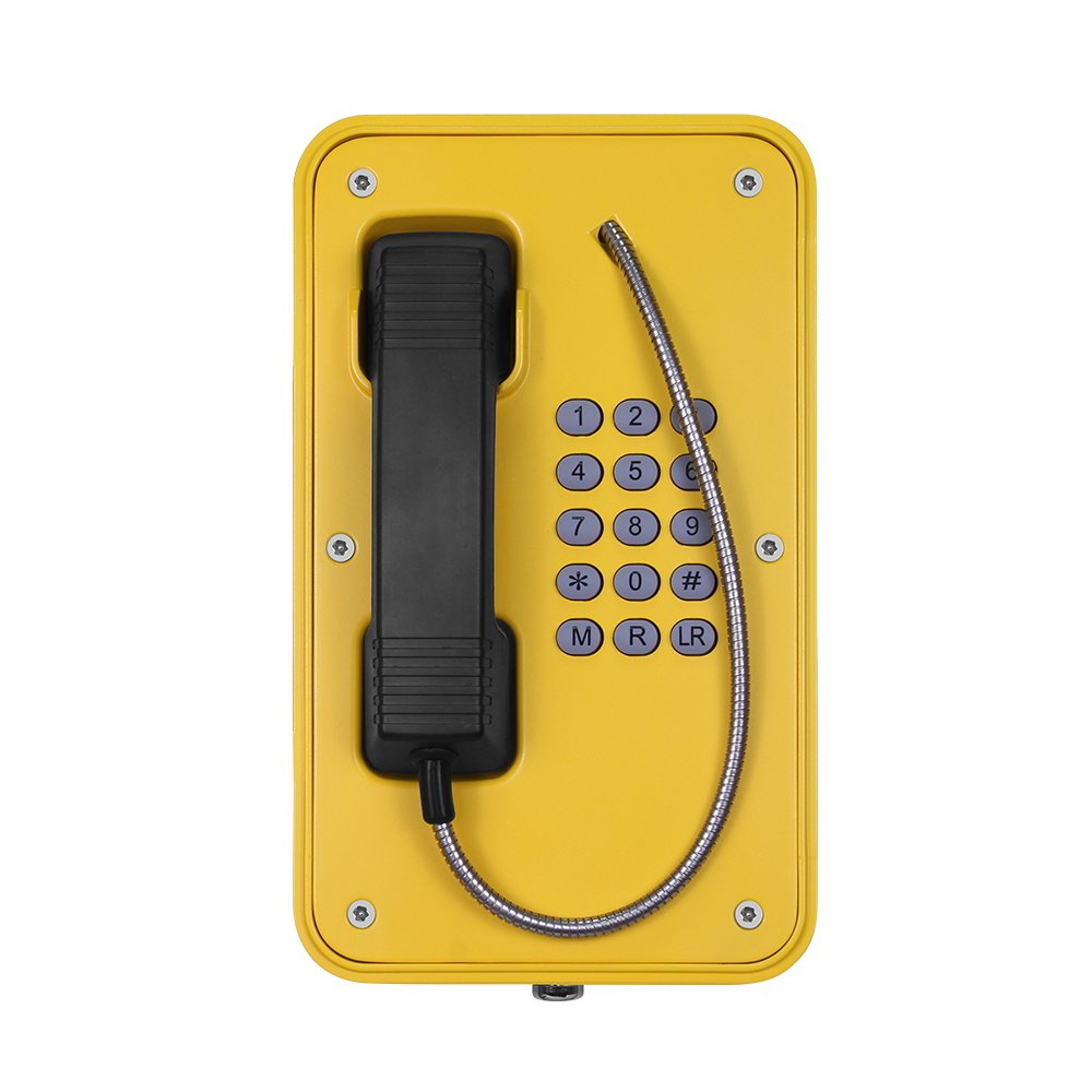 Yellow robust emergency phone with black handset, full keypad, and a metal cord.