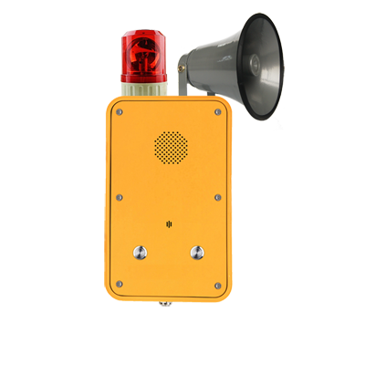 Watertight, vandal resistant Emergency 2 button push to call phone, red light, and black megaphone.