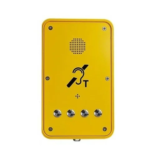 Yellow industrial emergency push to call communication device with a speaker, four  push to call buttons