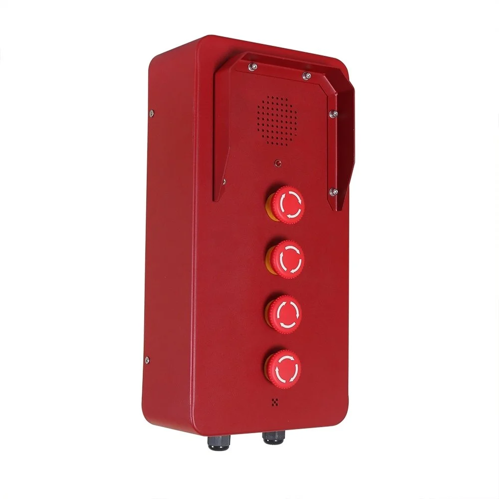 Red emergency intercom with four red push buttons and a speaker grille.