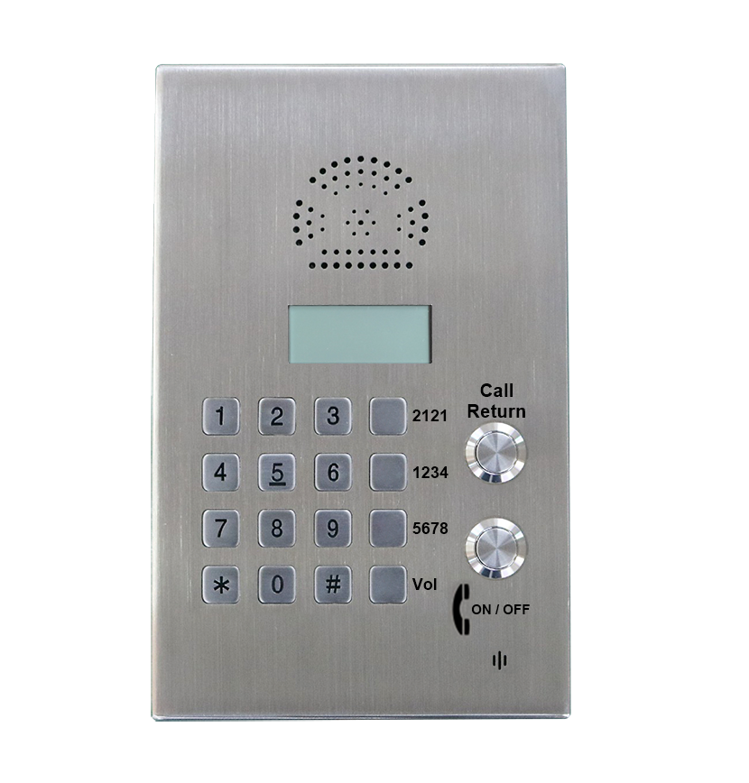 Door entry intercom with LCD screen and full keypad. 2 call buttons. For emergency, door entry, for factories, power plants, hospitals