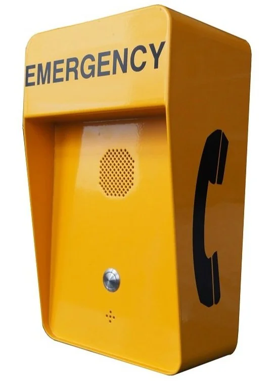 A yellow emergency push to call phone with a speaker, a call button, and a phone icon on the side. ideal for emergency services
