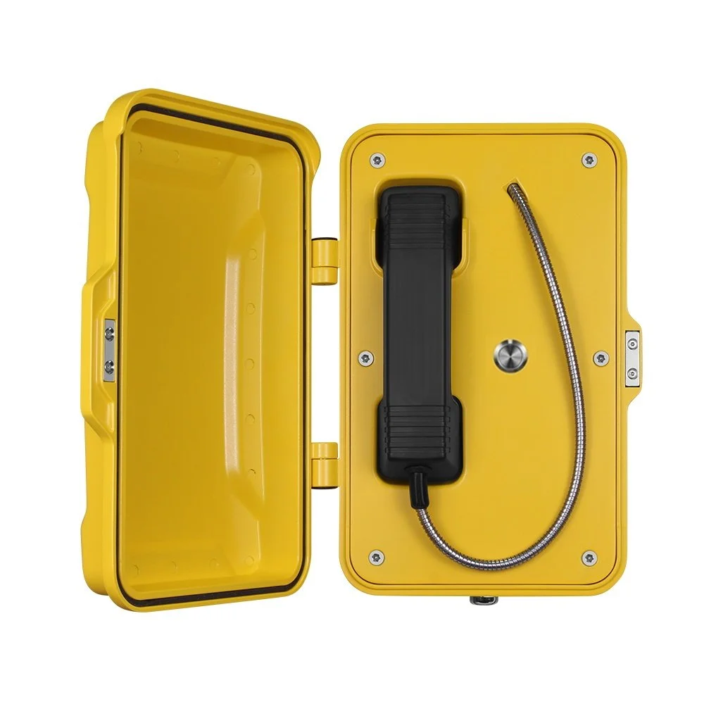 Yellow emergency telephone with a black steel armoured cord,  vandal proof handset, push to call button with door