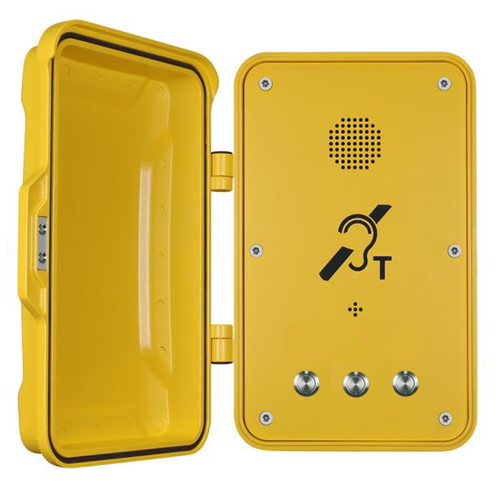 Yellow emergency weatherproof telephone with a speaker and a hearing-impaired symbol, featuring 3 push to call buttons