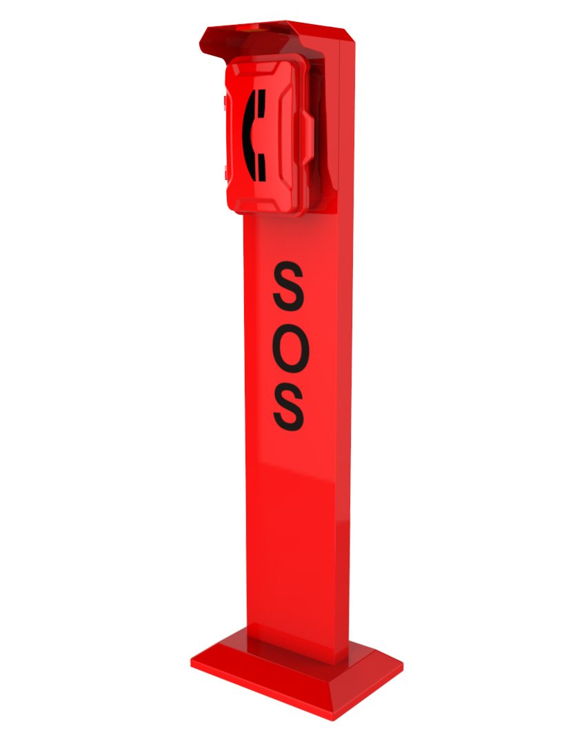 Red emergency SOS phone booth stand with a phone at the top and 'SOS' written vertically in black letters on the front.