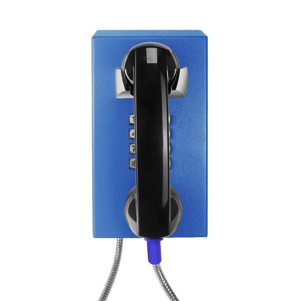 A blue industrial weatherproof phone suitable for hospitals