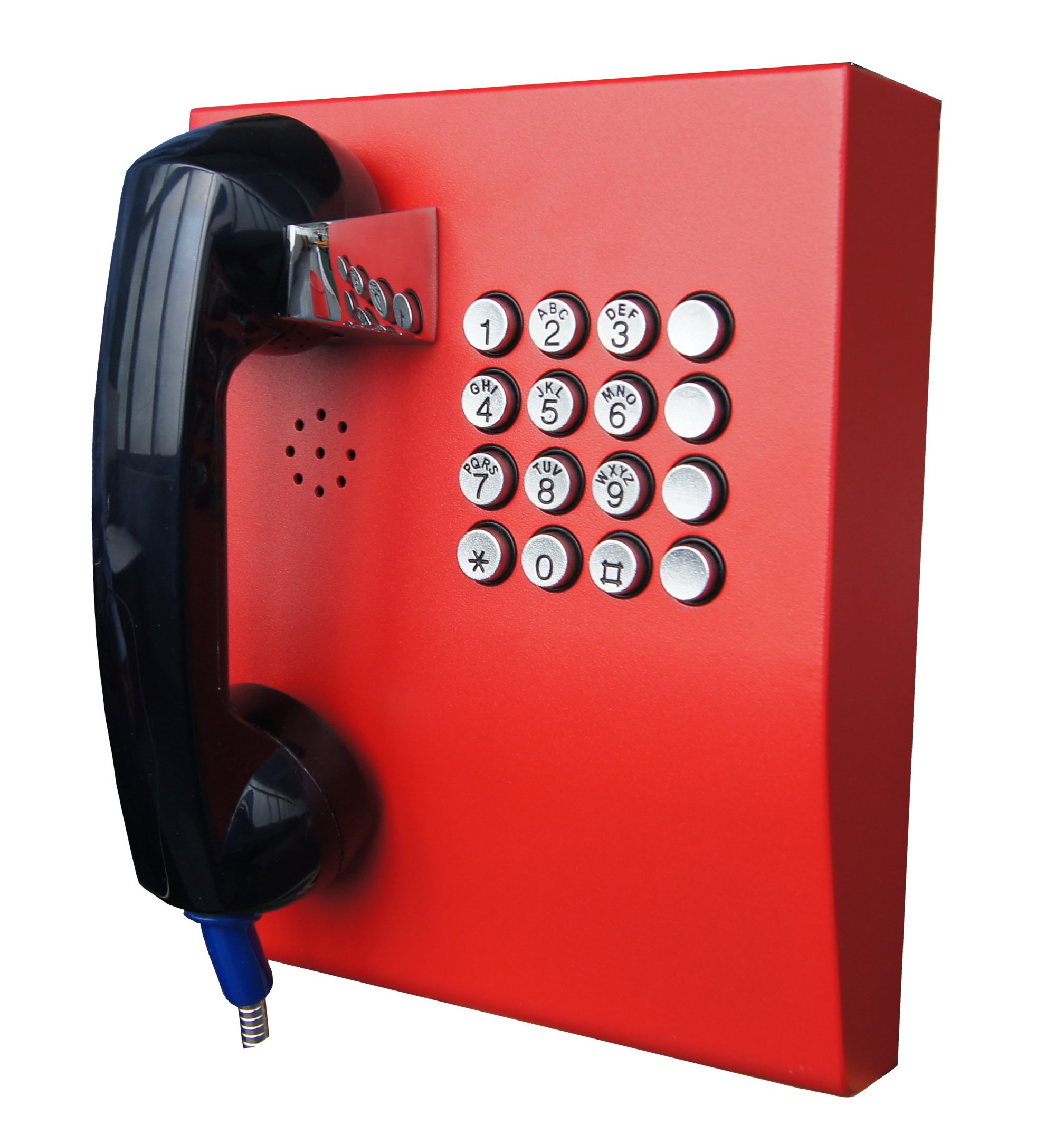 Red wall-mounted telephone with black handset and numeric keypad. for emergency services, hospitals, police stations